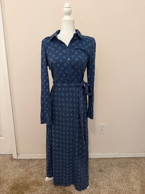 Boden Blue Floral Laura Jersey Belted Midi Shirt Dress Size 8 LONG
